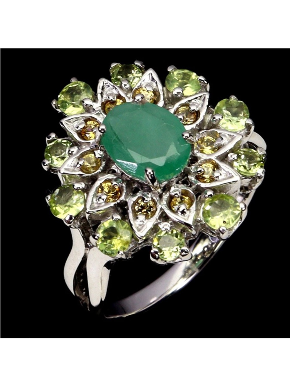 Stunning Natural 1.25CT Emerald with Sapphire & Peridot 925 Sterling Ring Sz 8